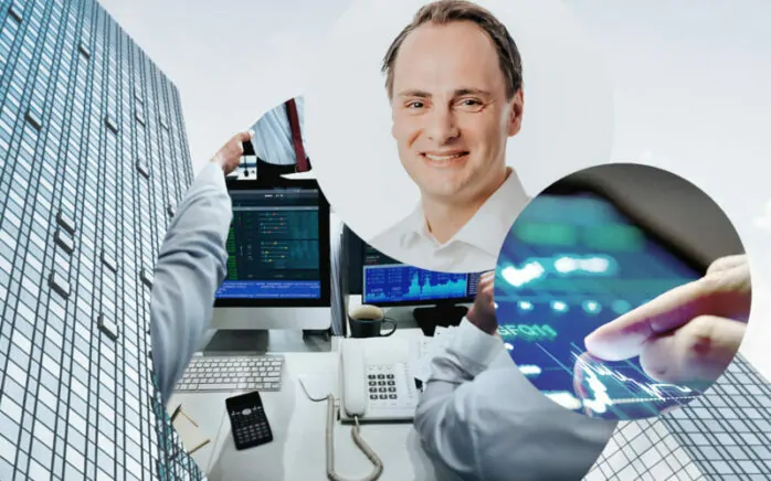 Bild von Mathias Schmidt, Produktmanager bei valantic, im Hintergrund Computerbildschirme