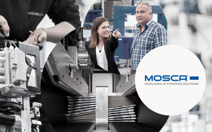 Picture of two persons, next to it the Mosca logo and behind it pictures of machines, valantic Case Study Mosca