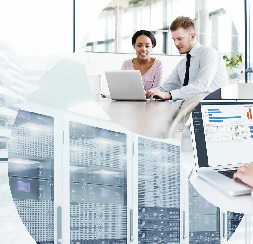 Image of a data center, an open laptop and two people working together on the computer, valantic SAP Services