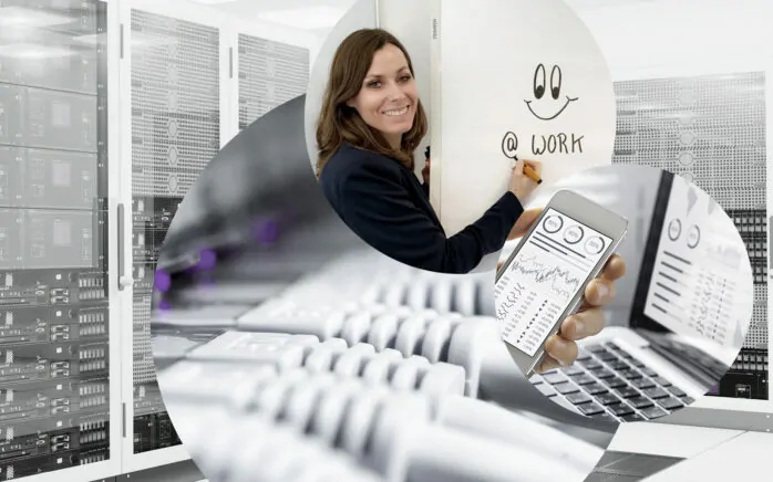 Bild von Claudia Sehr, Geschäftsbereichsleiterin IT Services bei valantic Telco Solutions & Services, im Hintergrund ein Rechenzentrum sowie Kabel und Laptop