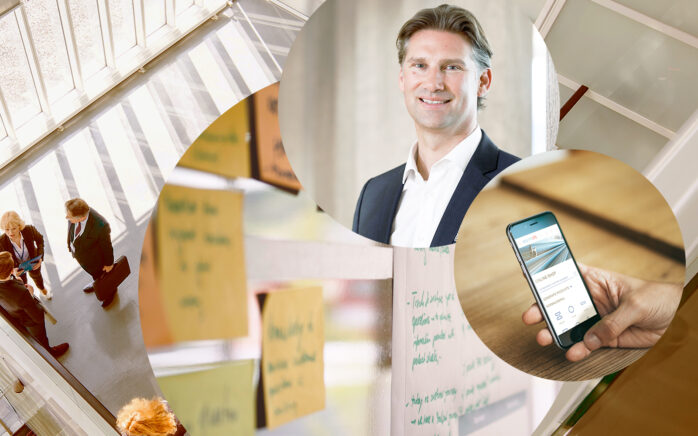 Picture of Urs Haeusler, managing director at valantic CEC Switzerland, next to it a picture of a smartphone and behind it pictures of Post-It's on a whiteboard and people in the corridor of a building