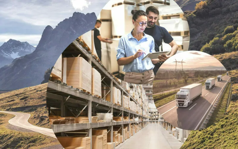 Picture of two people in a warehouse, next to it pictures of moving trucks and behind them pictures of a warehouse and a mountain road, digitalization of the supply chain with valantic's Connected Chain Manager