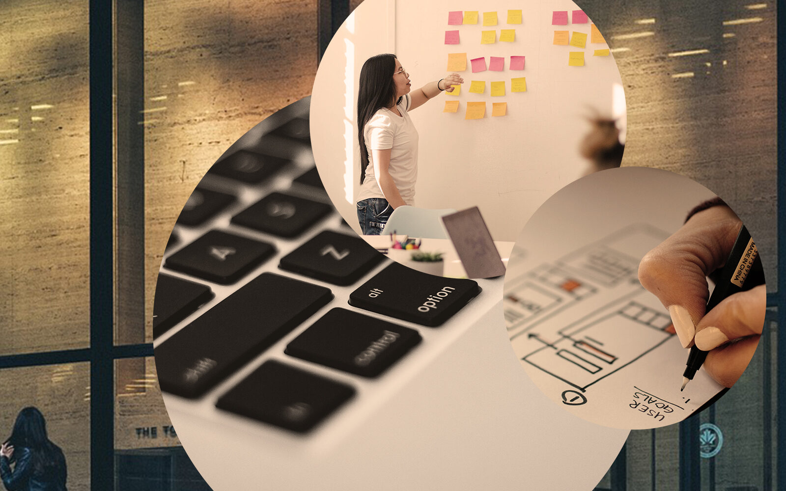 Bild einer Laptop-Tastatur, einer Frau, die vor einem Whiteboard mit bunten Post-Its steht, sowie die Zeichnung einer Projektplanung, Bild zum Blogbeitrag für ein erfolgreiches Customer Relationship Management (CRM)