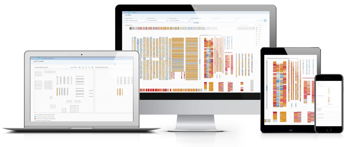 Bild der SAP Produktseite Warehouse Insights und einer Abbildung zur Visualisierung von Heatmap und Lagerplatzkoordinaten