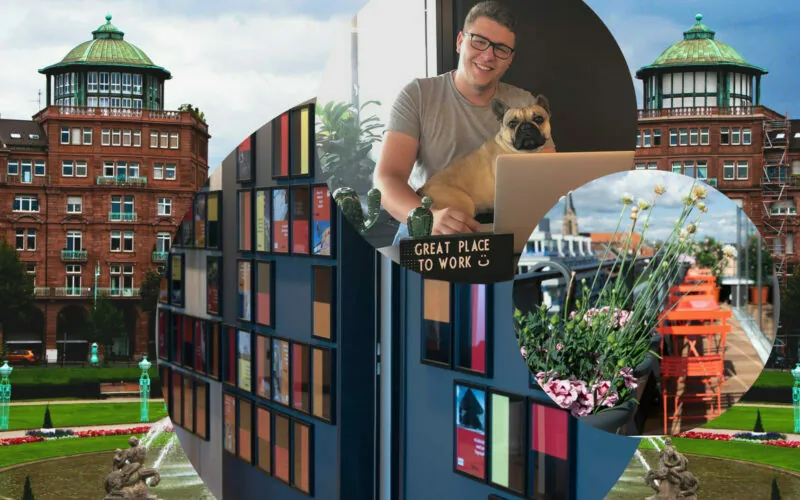 Bild von Erik Töpfer, Auszubildender IT Systemintegration bei valantic Customer Engagement and Commerce, im Hintergrund die Stadt Mannheim sowie Bilder der Büroräume in Mannheim