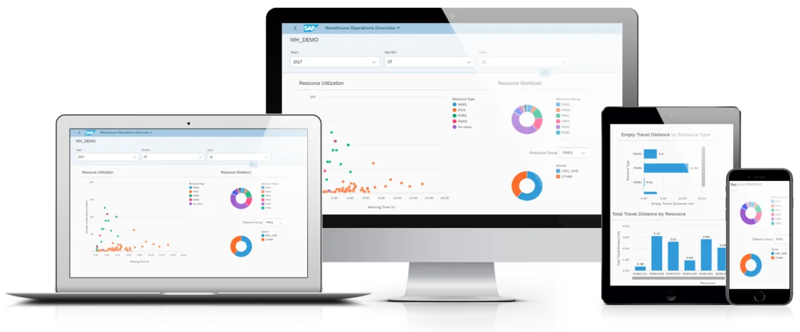 Image of the SAP product page Warehouse Insights and an overview of the warehouse activity