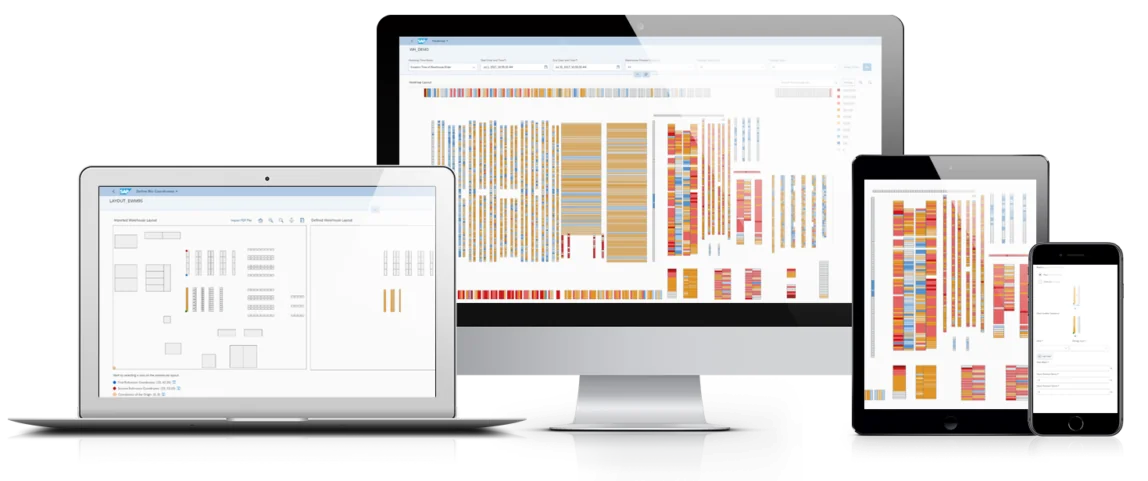 Image of the SAP product page Warehouse Insights and an image for the visualization of heat map and storage location coordinates