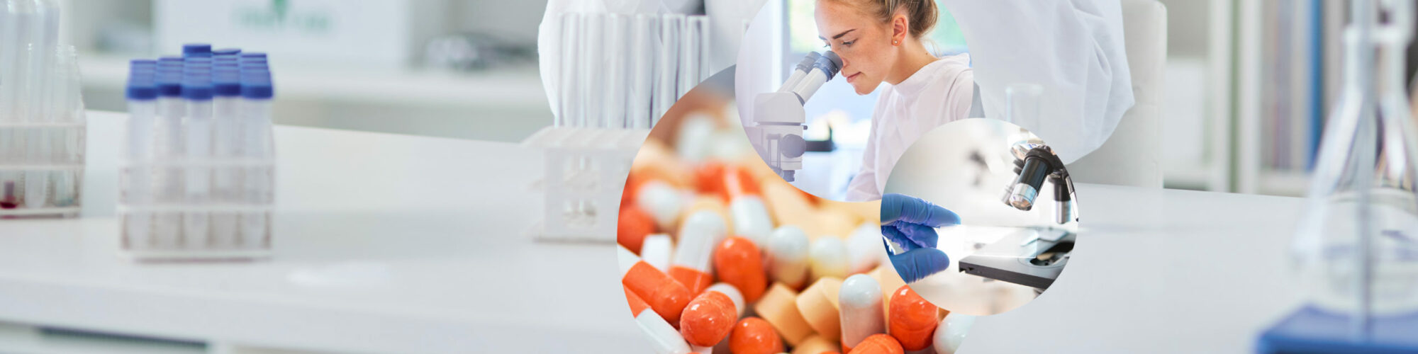 Image of a woman in a smock looking through a microscope, next to it the close-up of a microscope and tablets and pills, in the background a laboratory, valantic chemical and pharmaceutical industry