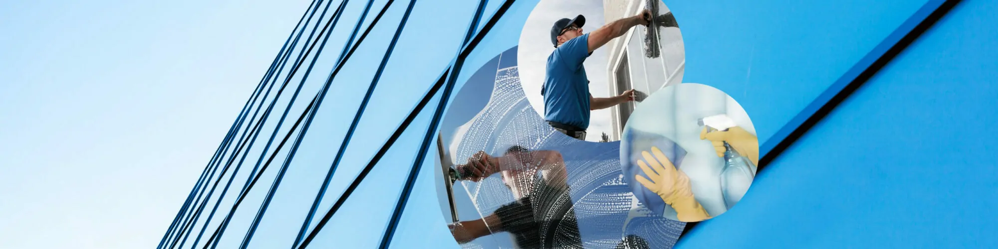 Image of a man cleaning the windows of a building, in the background a glass facade, valantic industries: service industry