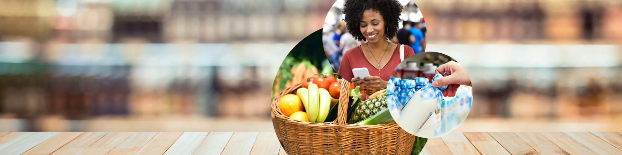Picture of a woman with smartphone in the supermarket, next to it a basket full of fruit and vegetables and a milk bottle, valantic industries: consumer goods industry