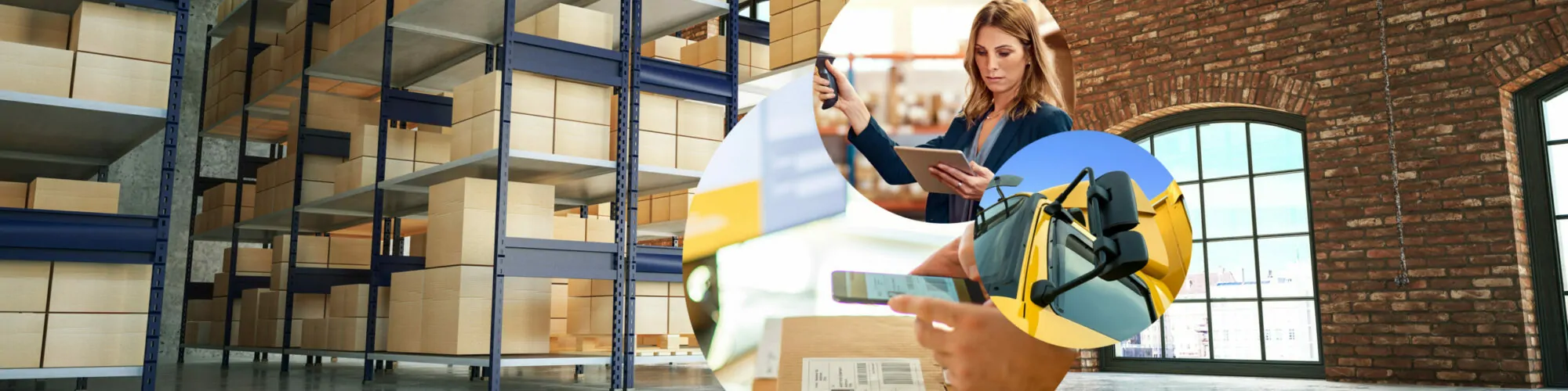 Picture of a woman holding an iPad and scanning a parcel, next to it a close-up of a yellow truck and a parcel sticker that is scanned with a mobile phone, in the background a warehouse with parcels