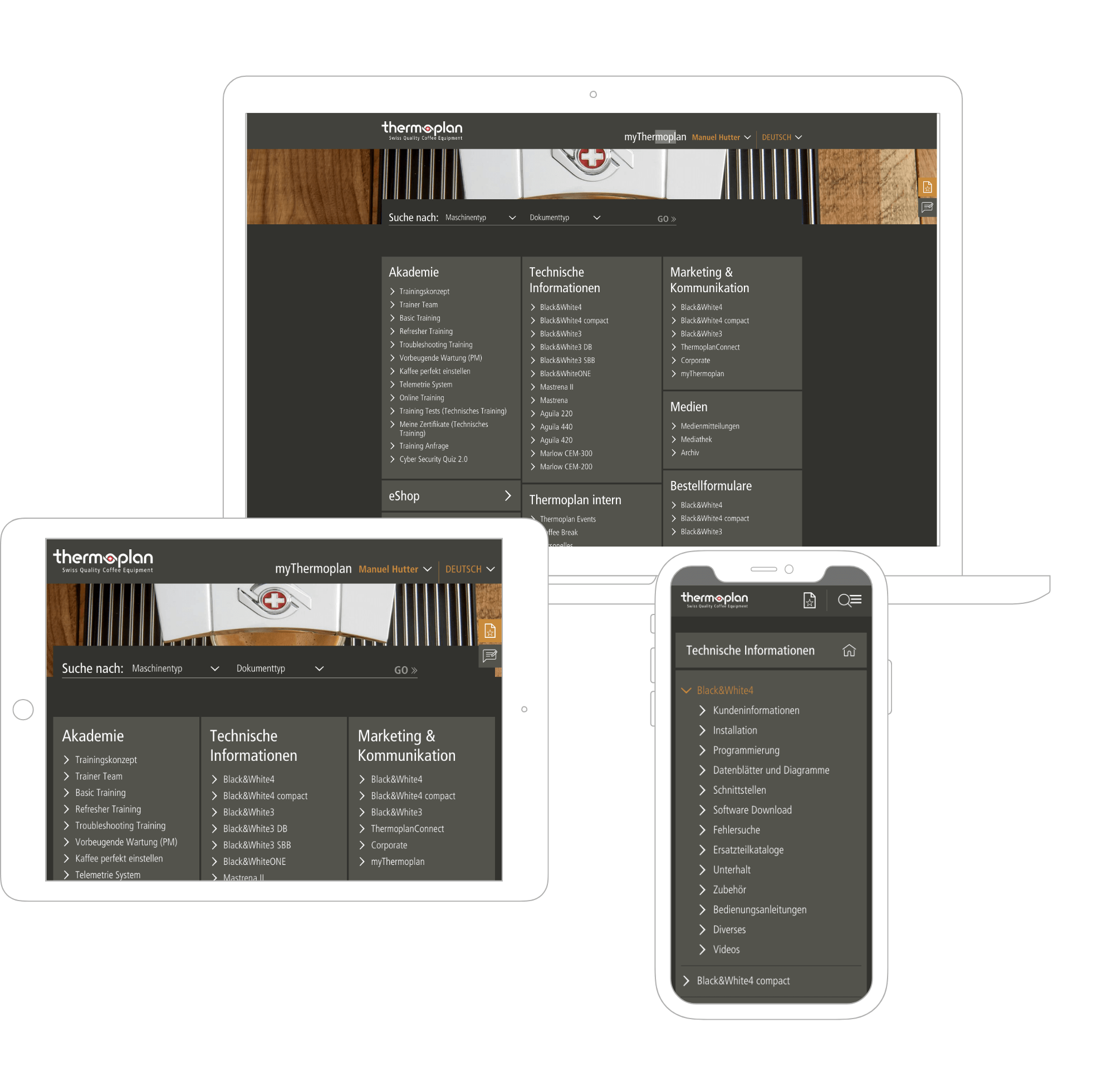 Screenshots von myThermoplan - das neue Serviceportal von Thermoplan, auf verschiedenen Devices, valantic Referenz