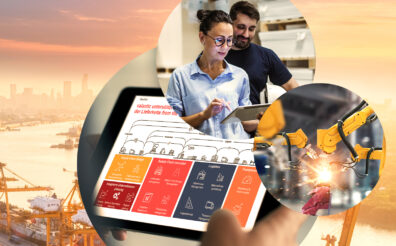Image of two people in a warehouse, including the image of a tablet, in the background an industrial port with containers and cranes, valantic Supply Chain Management & Logistics (triad)