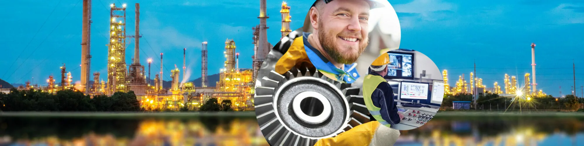 Image of a man with a hard hat, next to it a gear wheel and a man in safety vest in front of computer monitors, in the background a large industrial plant, valantic industry overview