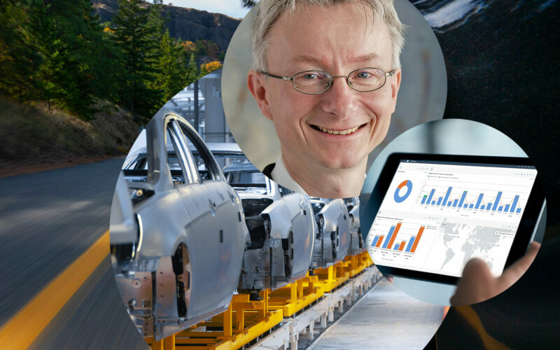 Picture of Ingo Hoepfner, next to it a picture of a tablet with graphics and statistics and behind it pictures of car parts in a warehouse and of a street,TISAX certification for valantic