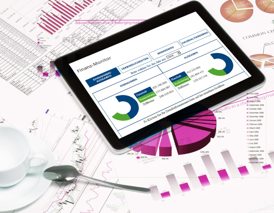 Bild von einem Dashboard des Finanzmonitors angezeigt auf einem Tablet, valantic Case Study Ostbelgien IBM Cognos Business Analytics