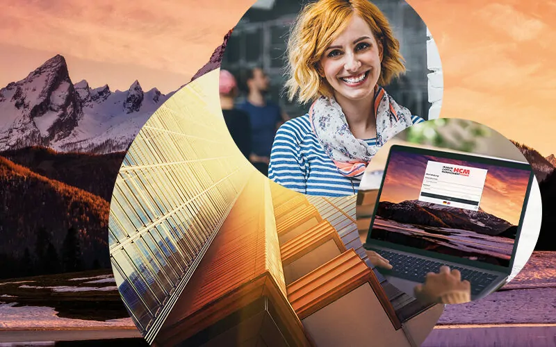 Image of a smiling woman, next to her a laptop with the SAP HCM screen, in the background a building and mountains