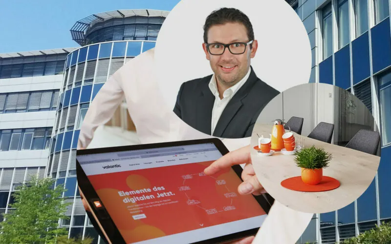 Bild von Nils Meißner, Projektmanager SAP S/4HANA bei valantic ERP Services, im Hintergrund die Büroräume und das Bürogebäude des Langenfelder Büros