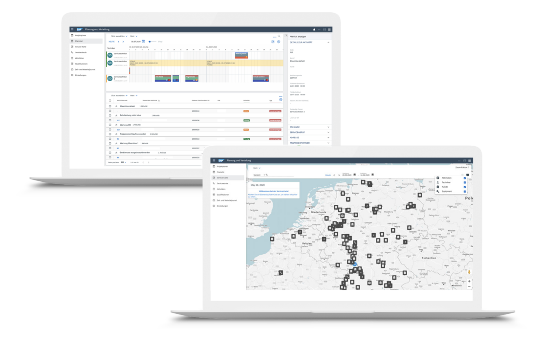 Bild von zwei Bildschirmen, auf welchen Zahlen, Diagramme und eine Europakarte zu sehen sind, valantic SAP FSM, SAP Service Cloud