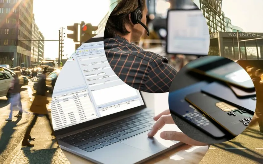 Bild eines Mannes mit Headset vor einem Computerbildschirm, daneben mehrere Kreditkarten, im Hintergrund eine belebte Straße
