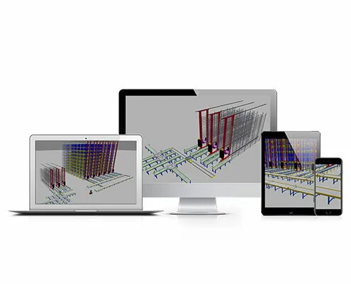 Bild von vier Bildschirmen mit Screenshots zum Thema Warehouse Automation mit SAP MFS