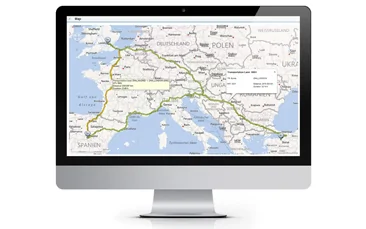 Picture of a screen with a screenshot of the SAP Transportation Management (TM) software for shippers and logistics service providers with route planning map
