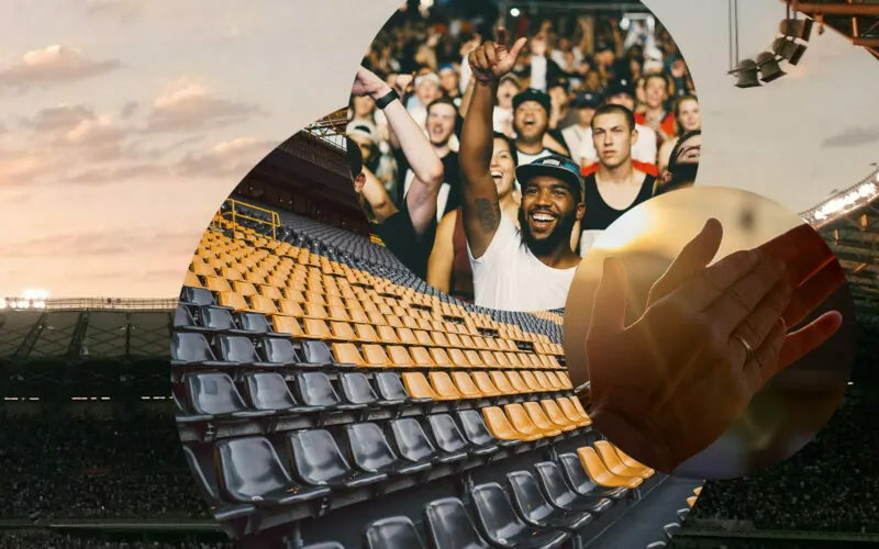 Hier sehen Sie das Titelbild unseres Blogbeitrages "Be Emotional". Feiernde Menschen, leere Tribünen und klatschende Hände.