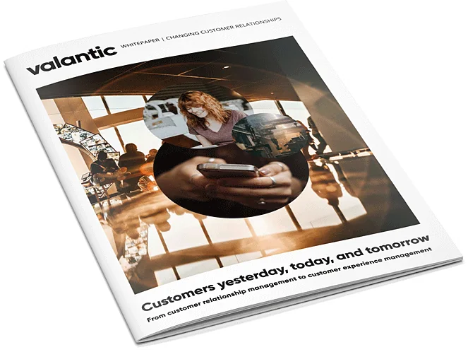 The picture shows the view of the white paper "Customers yesterday, today and tomorrow". The cover shows a triad of a mobile phone, a working woman and a conference room.