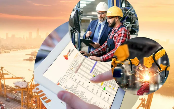 Bild von zwei Männer bei der Arbeit in einer Produktionsstätte, daneben Bild einer Maschine und dahinter Bilder von einem Tablet mit einem Screenshot der wayRTS Software und einem Hafen mit Containern, valantic Produktionsplanung mit wayRTS