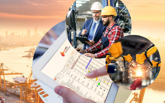 Picture of two men at work in a production plant, next to it a picture of a machine and behind it pictures of a tablet with a screenshot of the wayRTS software and a port with containers, valantic production planning with wayRTS