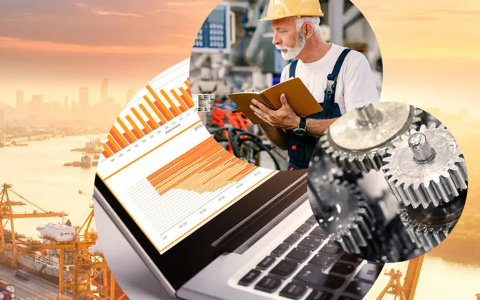Picture of a man in a factory, next to it a picture of gears and behind it a picture of a screen with diagrams and graphics and a picture of a port with containers, valantic KPI management with wayKPI