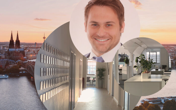 Bild von Felix Marx, Managing Consultant bei Linkit Consulting - a valantic company, im Hintergrund Büroräume von Linkit und die Stadtansicht von Köln