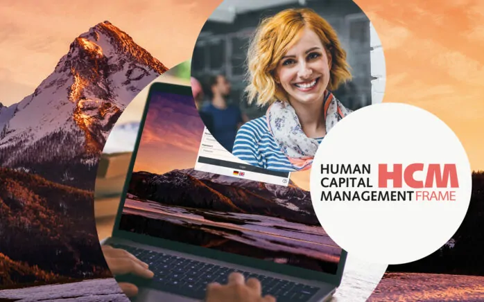 Image of a laughing woman, next to her the HCM Inside logo and behind her a picture of a laptop, a picture of mountains at sunrise in the background, valantic HCM Frame