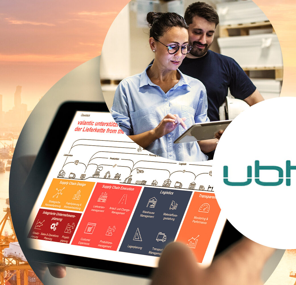 Image of two people in a warehouse, including the image of a tablet, in the background an industrial port with containers and cranes, valantic Supply Chain Excellence, strategic partnership with ubh