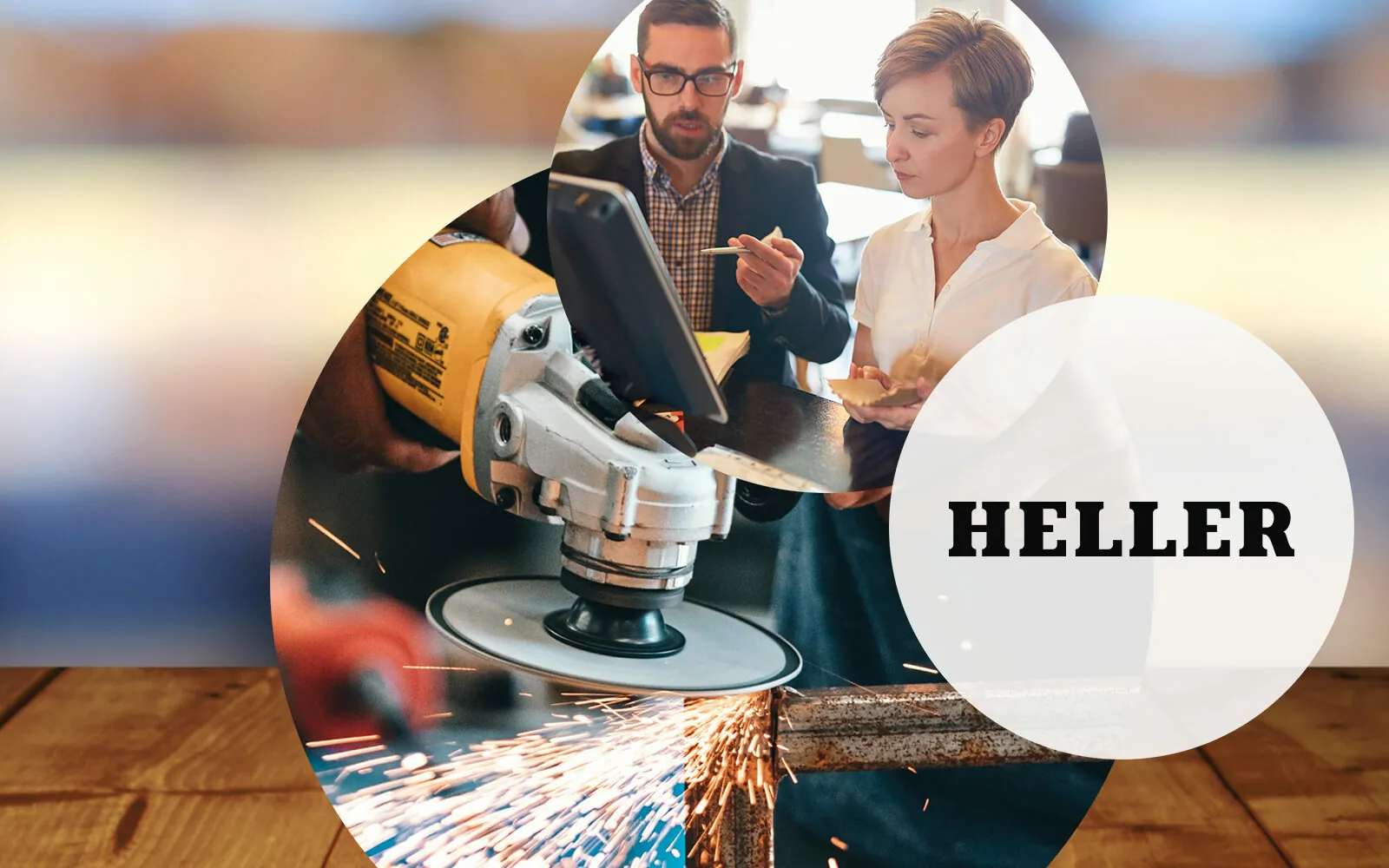 Logo of Heller Maschinenbau, image of a grinding machine and a woman and a man in front of a computer monitor