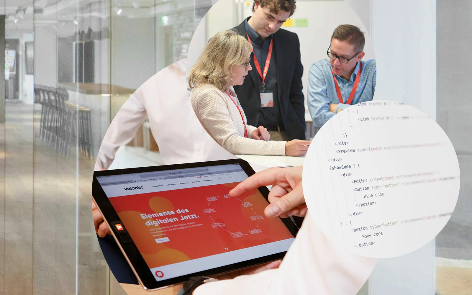 Das Bild zeigt eine valantic Arbeitssituation, Menschen an Stehtischen, mit Tablet und Programmiercode