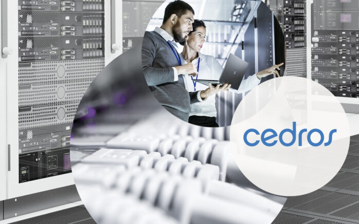 Logo der Firma Cedros, eingebettet in drei weiteren Bildern mit Rechenzentrums-Equipment