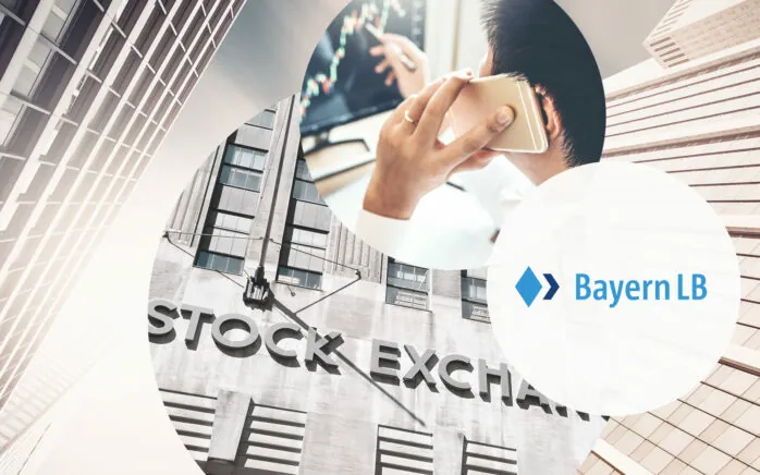 Logo der Bayern LB sowie Bild einer Hochausszene, einem Bild der New York Stock Exchange und einem Mann am Telefon