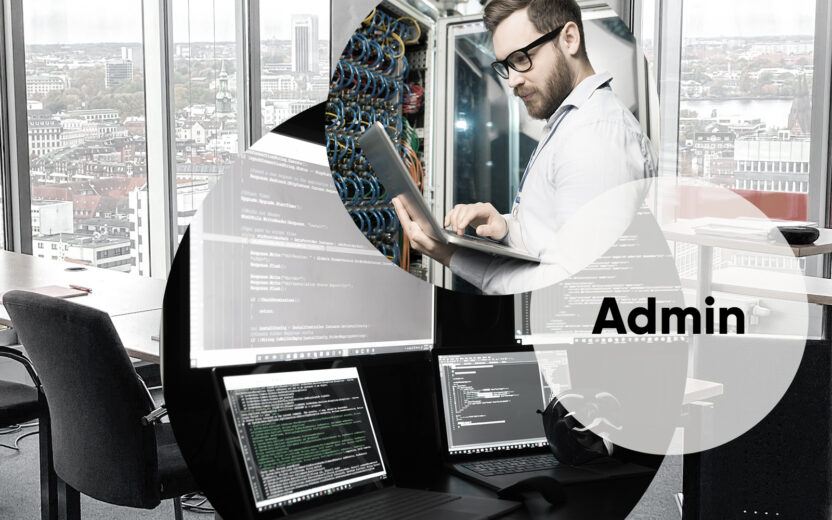 Bilder eines Mannes vor einem geöffneten Serverschrank mit Kabeln in einem Rechenzentrum sowie Bilder von Laptops mit Programmier-Code symbolisieren das valantic Training Center Angebot für Admins.