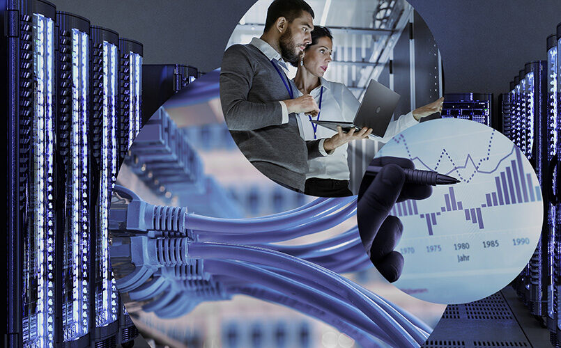 Two people in a data center with a laptop in their hand, behind them cables and graphics, digitization trends 2021 from valantic