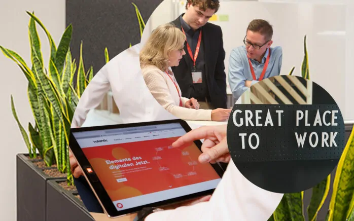 The image shows a group of valantic employees, the Great Place to Work-Logo and ein tablet screenshot of the valantic website