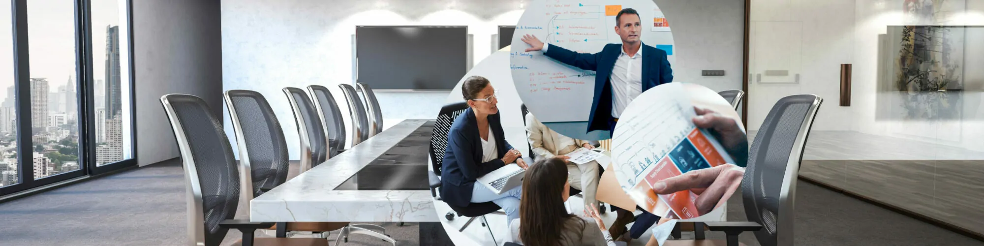 Drei Bilder zeigen einen Meeting-Raum sowie Personen in unterschiedlichen Siuationen, die Szenen einer typischen Beiratssitzung ähneln
