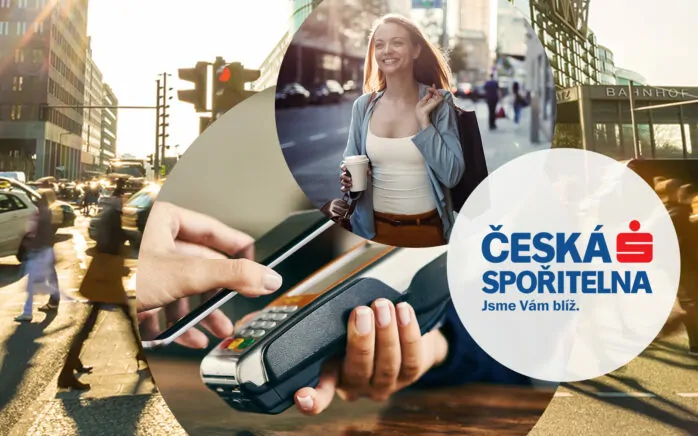 The picture shows the logo of Ceska Sporitelna Bank, a young friendly looking woman and a mobile payment device, that accepts real-time payments