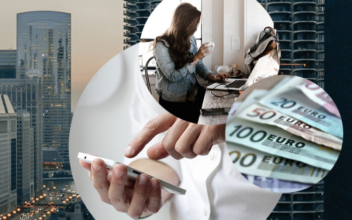 Image of a woman sitting in front of a laptop and drinking coffee, a cell phone, euro banknotes and the skyline of a city in the background, valantic, Robotic Process Automation (RPA)