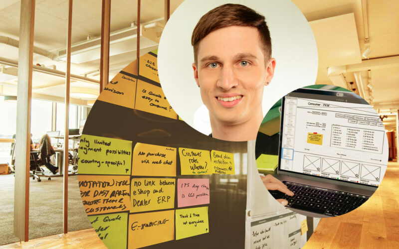 Bild von Vincent Aniol, RE-UX-Consultant bei valantic CEC Schweiz, daneben das Bild eines Laptopbildschirmes sowie einiger Notizzettel