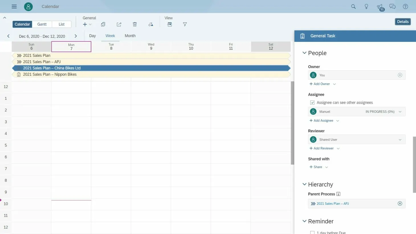 Screenshot einer Woche im Kalender, SAP Analytics Cloud