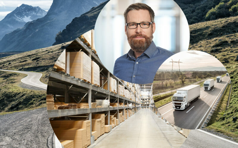 Bild von Markus Schedel, valantic Supply Chain Excellence, in zwei runden Bildausschnitten daneben ein LKW sowie eine Lagerhalle, Lieferketten optimieren mit dem Connected Chain Manager von valantic