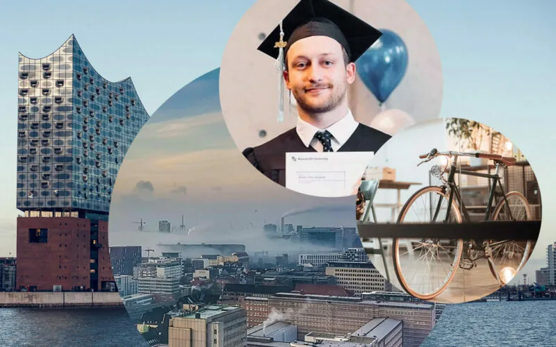 Bild von Timo Barth, Consultant im Bereich SAP Analytics bei valantic in Hamburg, dahinter die Skyline von Hamburg