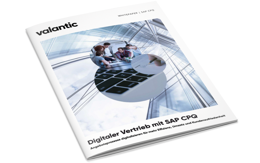 Mockup und Bild einer Zeitschrift, valantic Whitepaper "Digitaler Vertrieb mit SAP CPQ"