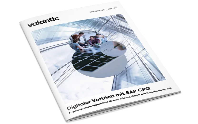 Mockup und Bild einer Zeitschrift, valantic Whitepaper "Digitaler Vertrieb mit SAP CPQ"